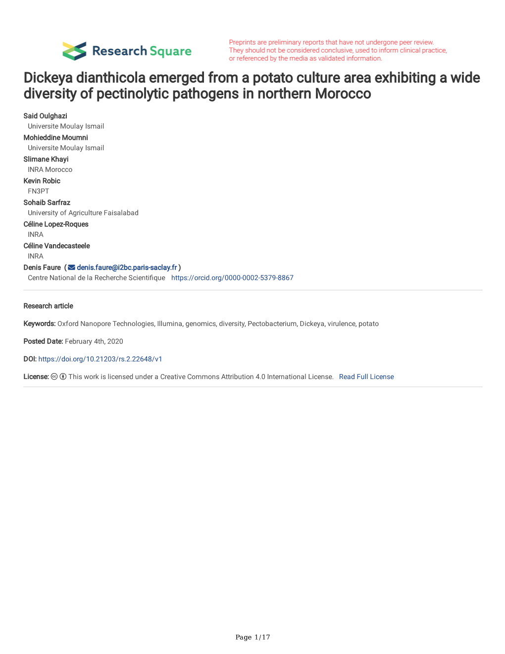 Dickeya Dianthicola Emerged from a Potato Culture Area Exhibiting a Wide Diversity of Pectinolytic Pathogens in Northern Morocco