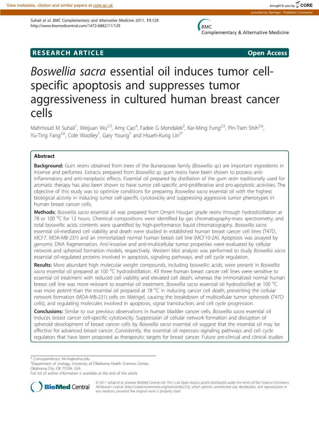 Boswellia Sacra Essential Oil Induces Tumor Cell
