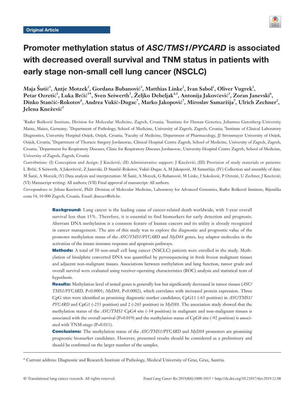 Promoter Methylation Status of ASC/TMS1/PYCARD Is Associated