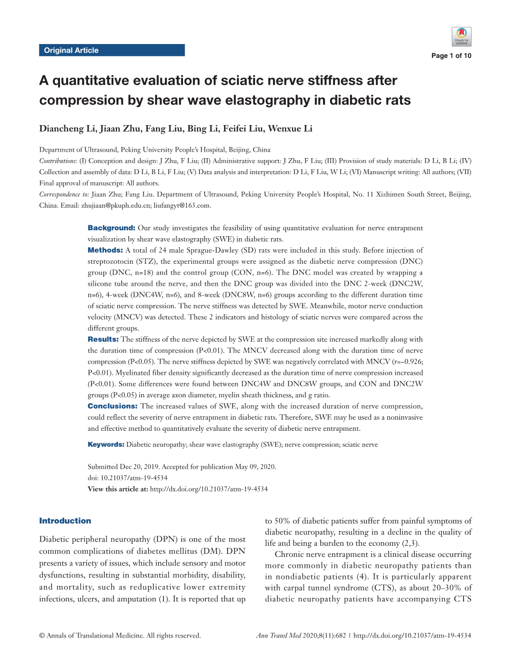 A Quantitative Evaluation of Sciatic Nerve Stiffness After Compression by Shear Wave Elastography in Diabetic Rats