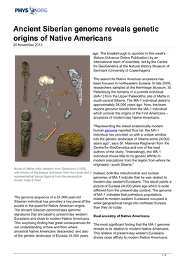 Ancient Siberian Genome Reveals Genetic Origins of Native Americans 20 November 2013