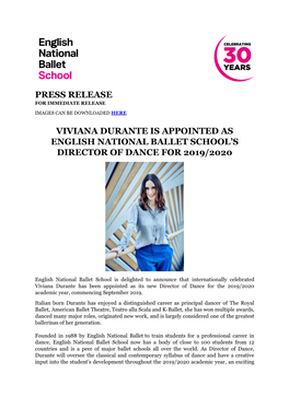Press Release Viviana Durante Is Appointed As English National Ballet School's Director of Dance for 2019/2020