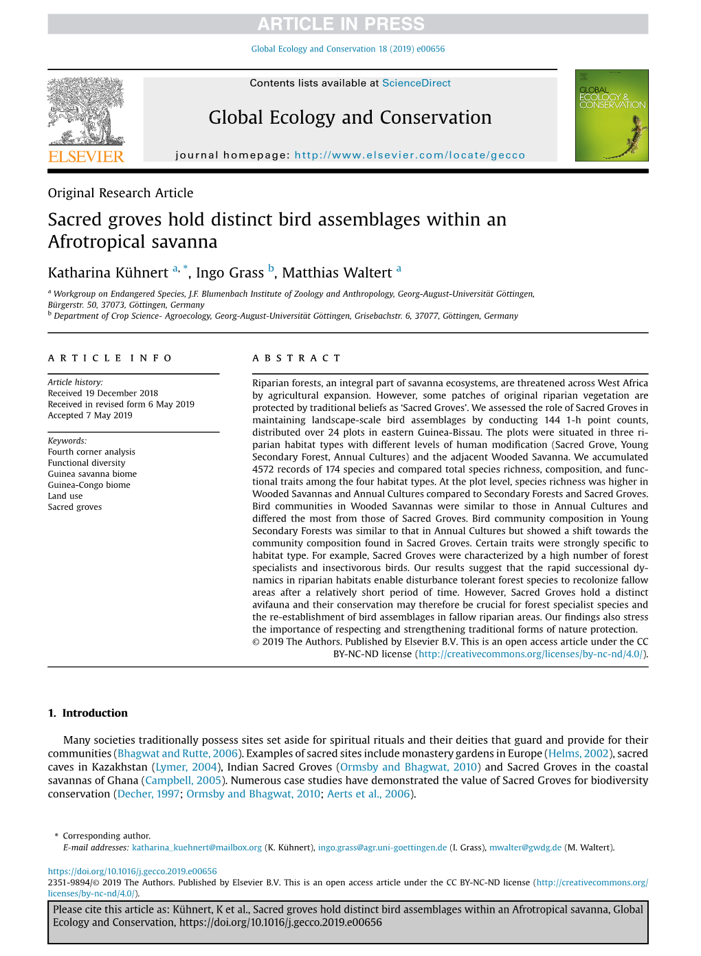 Sacred Groves Hold Distinct Bird Assemblages Within an Afrotropical Savanna