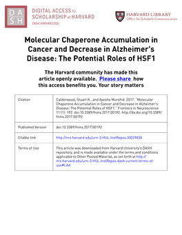 Molecular Chaperone Accumulation in Cancer and Decrease in Alzheimer's Disease: the Potential Roles of HSF1
