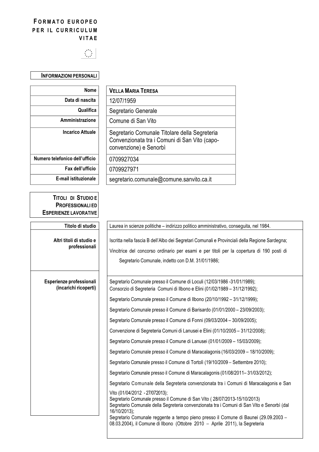 Curriculum Vitae Segretario Comunale San Vito