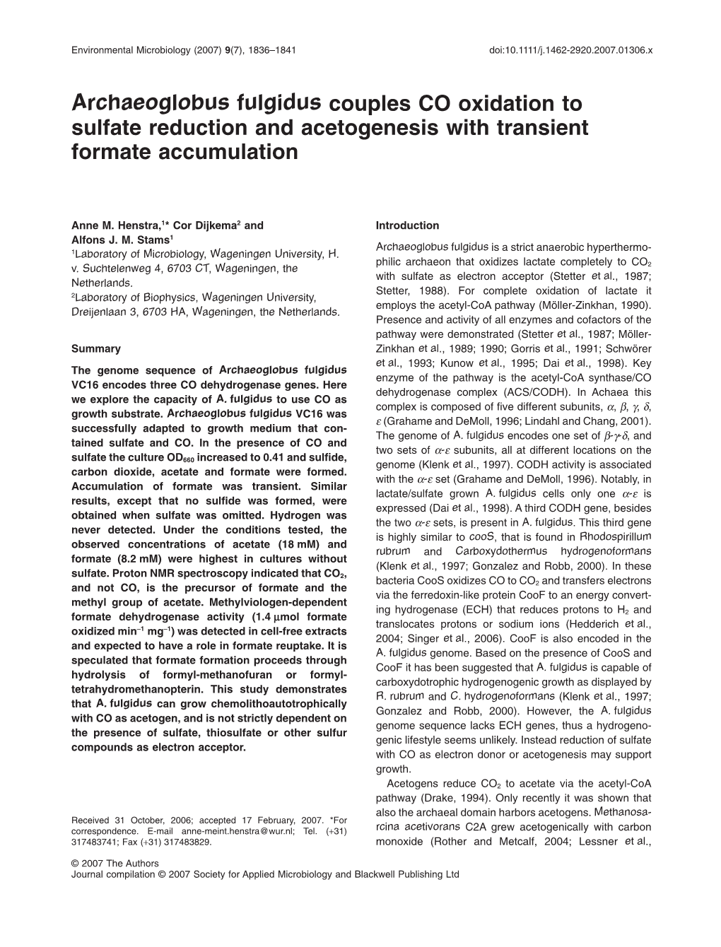 Archaeoglobus Fulgidus Couples CO Oxidation to Sulfate Reduction and Acetogenesis with Transient Formate Accumulation