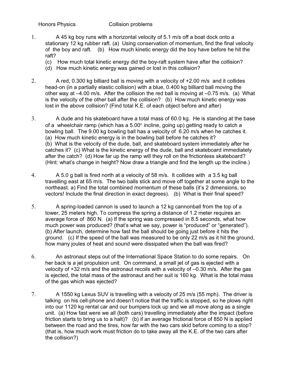 Honors Physics Collision Problems