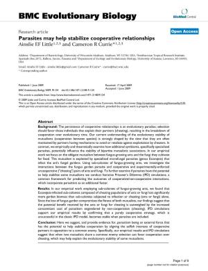Parasites May Help Stabilize Cooperative Relationships Ainslie EF Little1,2,3 and Cameron R Currie*1,2,3