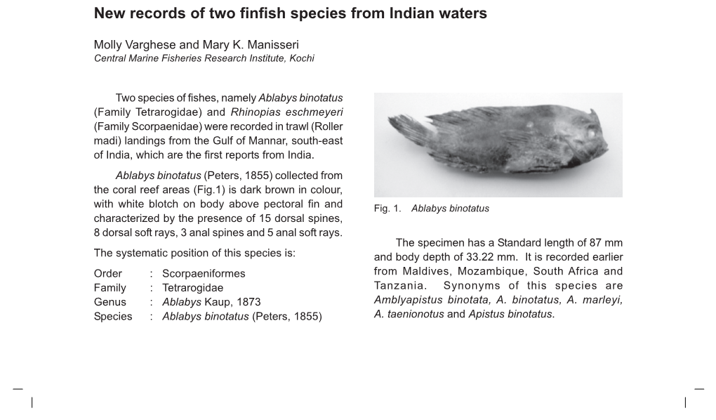 New Records of Two Finfish Species from Indian Waters