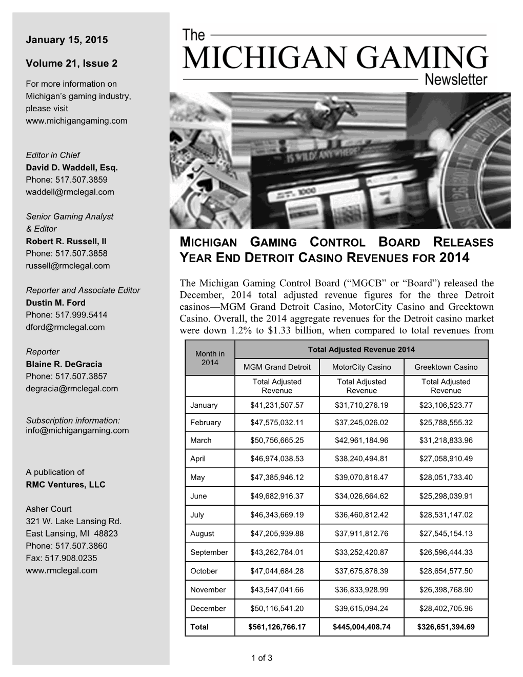 Michigan Gaming Control Board Releases Year End