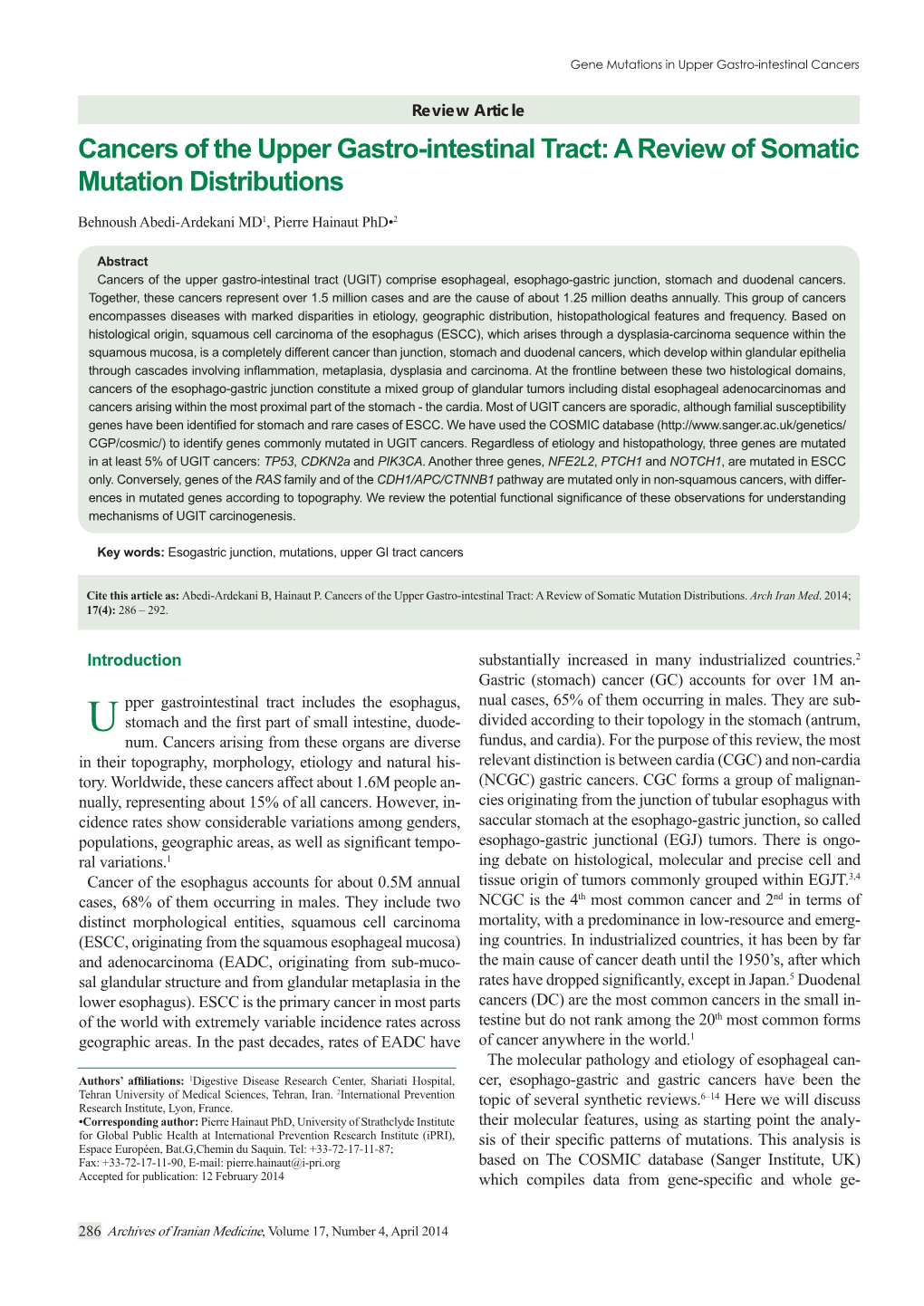 Cancers of the Upper Gastro-Intestinal Tract: a Review of Somatic Mutation Distributions