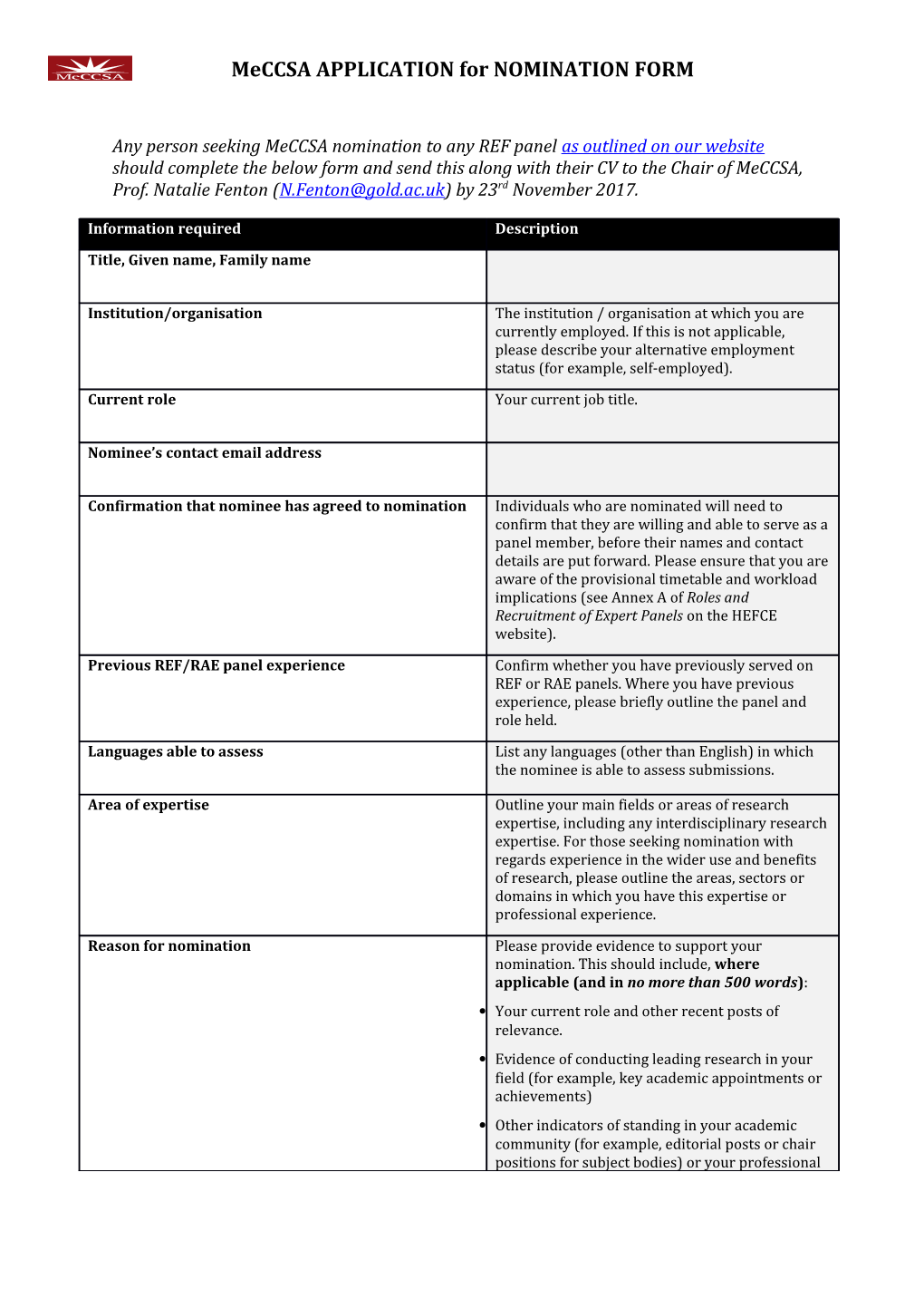 Any Person Seeking Meccsa Nomination to Any REF Panel As Outlined on Our Website Should