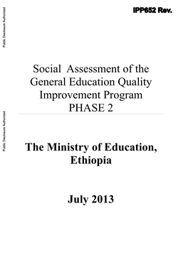 Social Assessment of the General Education Quality Improvement Program PHASE 2 the Ministry of Education, Ethiopia July 2013