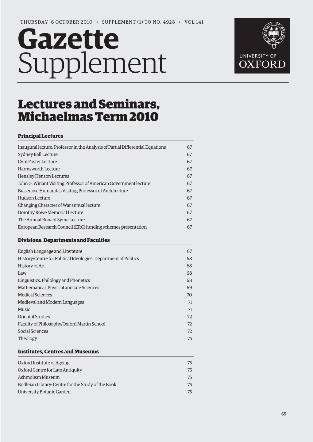 Lectures and Seminars, Michaelmas Term 2010