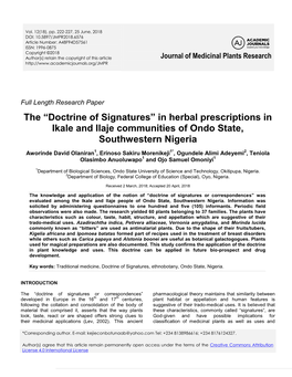 Doctrine of Signatures” in Herbal Prescriptions in Ikale and Ilaje Communities of Ondo State, Southwestern Nigeria