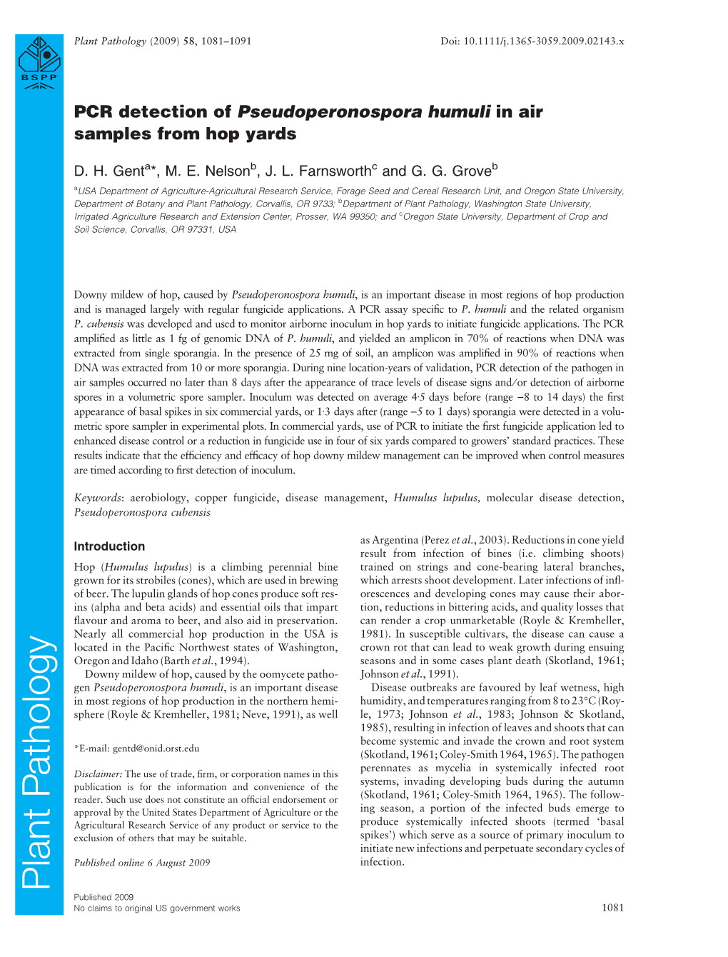 PCR Detection of Pseudoperonospora Humuli in Air Samples from Hop Yards