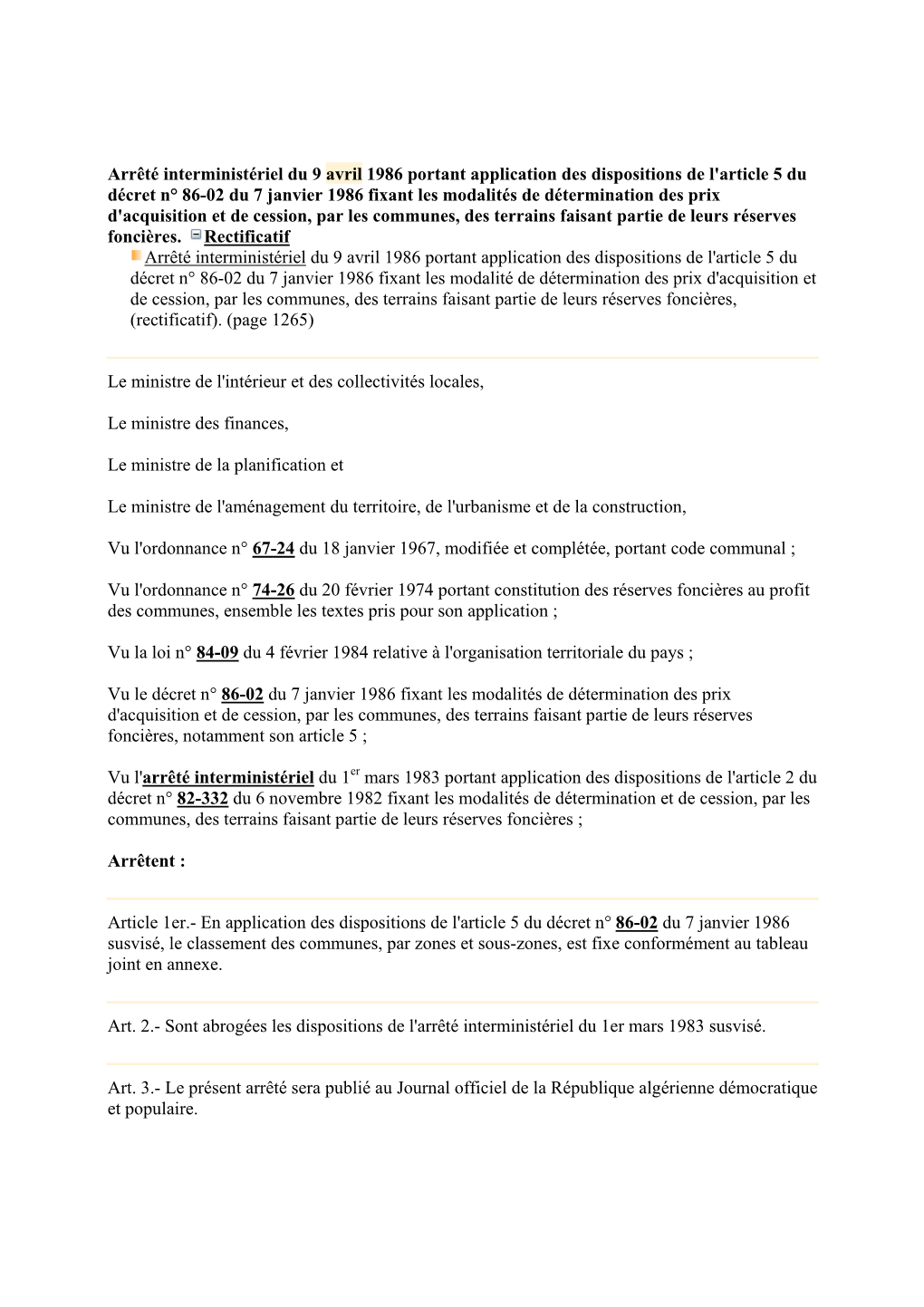 Arrêté Interministériel Du 9 Avril 1986 Portant Application Des Dispositions