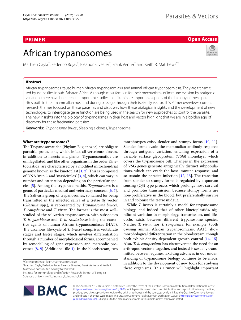 African Trypanosomes Mathieu Cayla†, Federico Rojas†, Eleanor Silvester†, Frank Venter† and Keith R