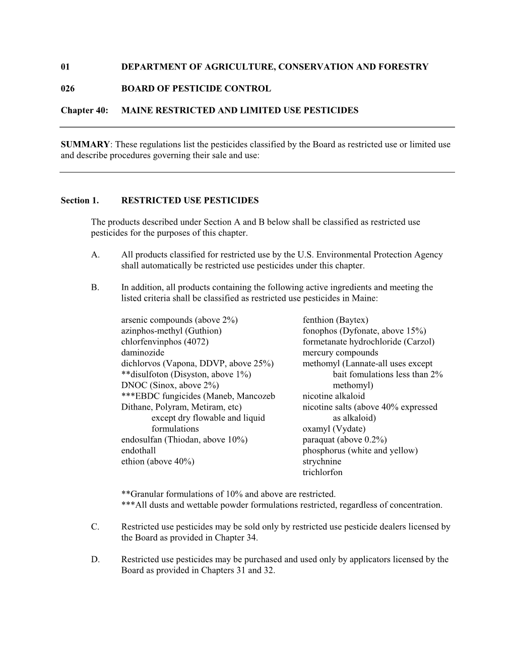 LD 155 Board of Pesticides Control Chapter 40 Rules