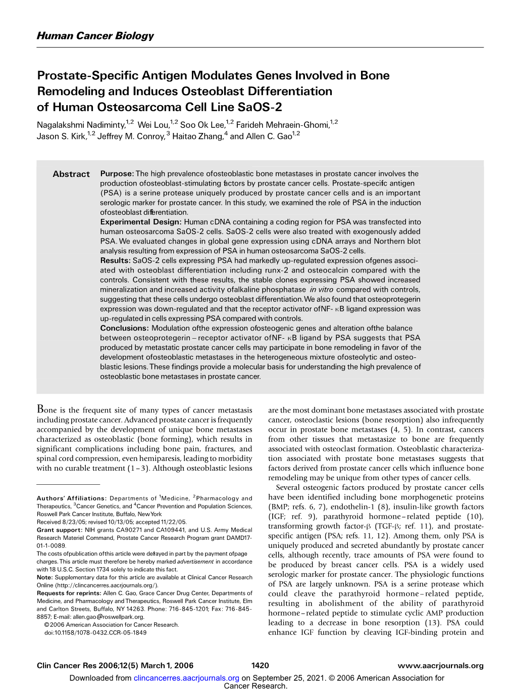 Prostate-Specific Antigen Modulates Genes Involved in Bone