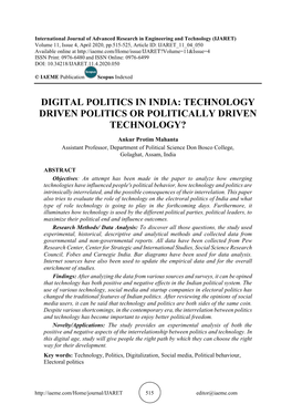 Digital Politics in India: Technology Driven Politics Or Politically Driven Technology?
