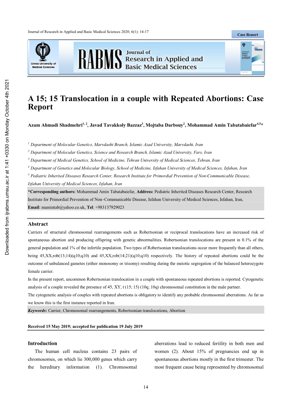 A 15;15 Translocation in a Couple with Repeated Abortions: Case Report