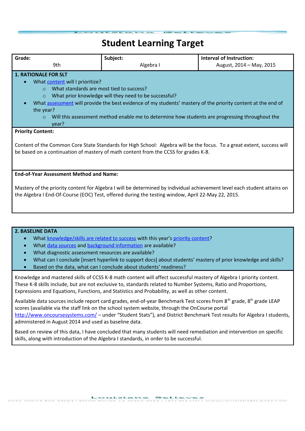 Student Learning Target s1