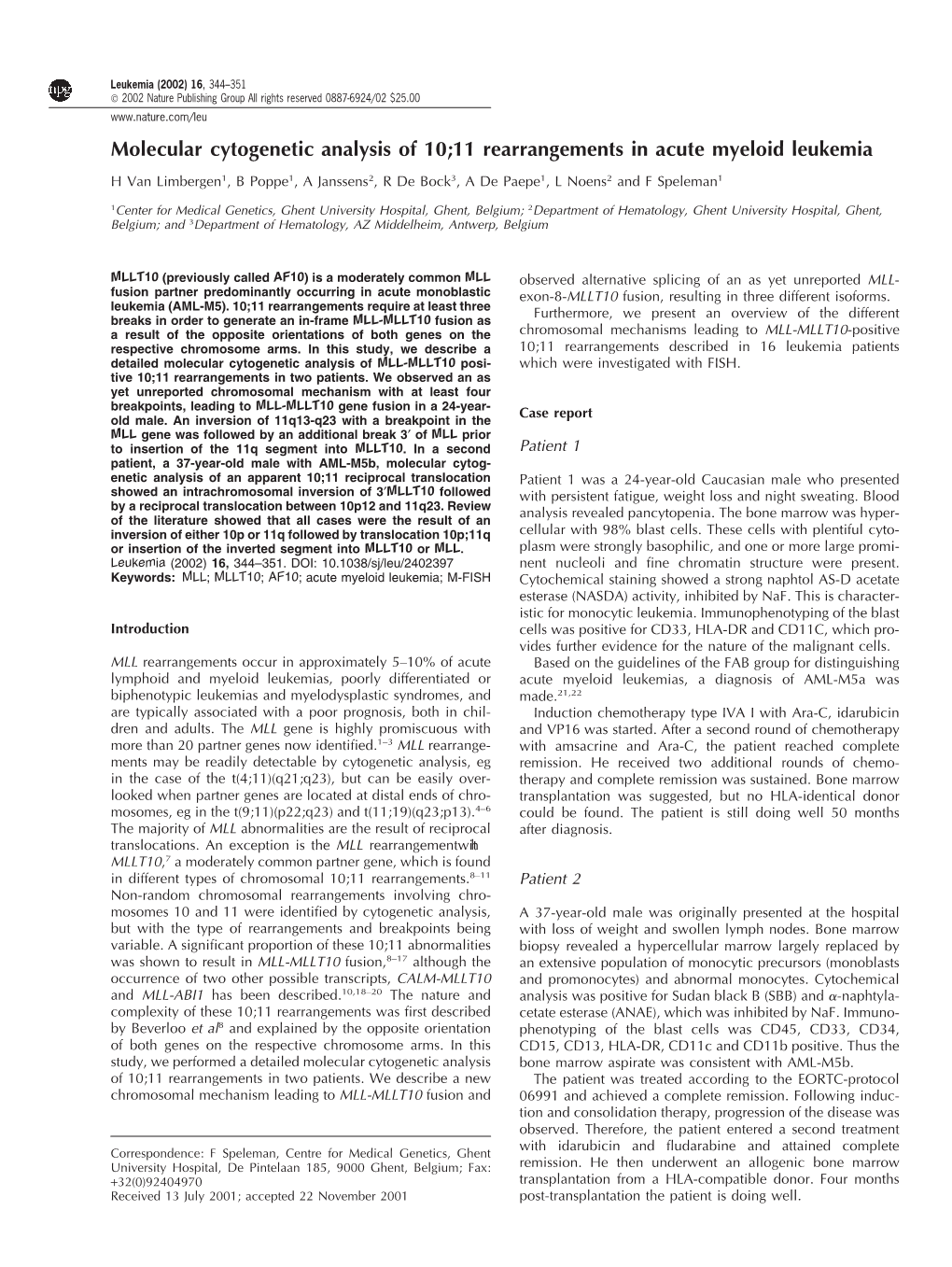 Molecular Cytogenetic Analysis of 10;11 Rearrangements in Acute