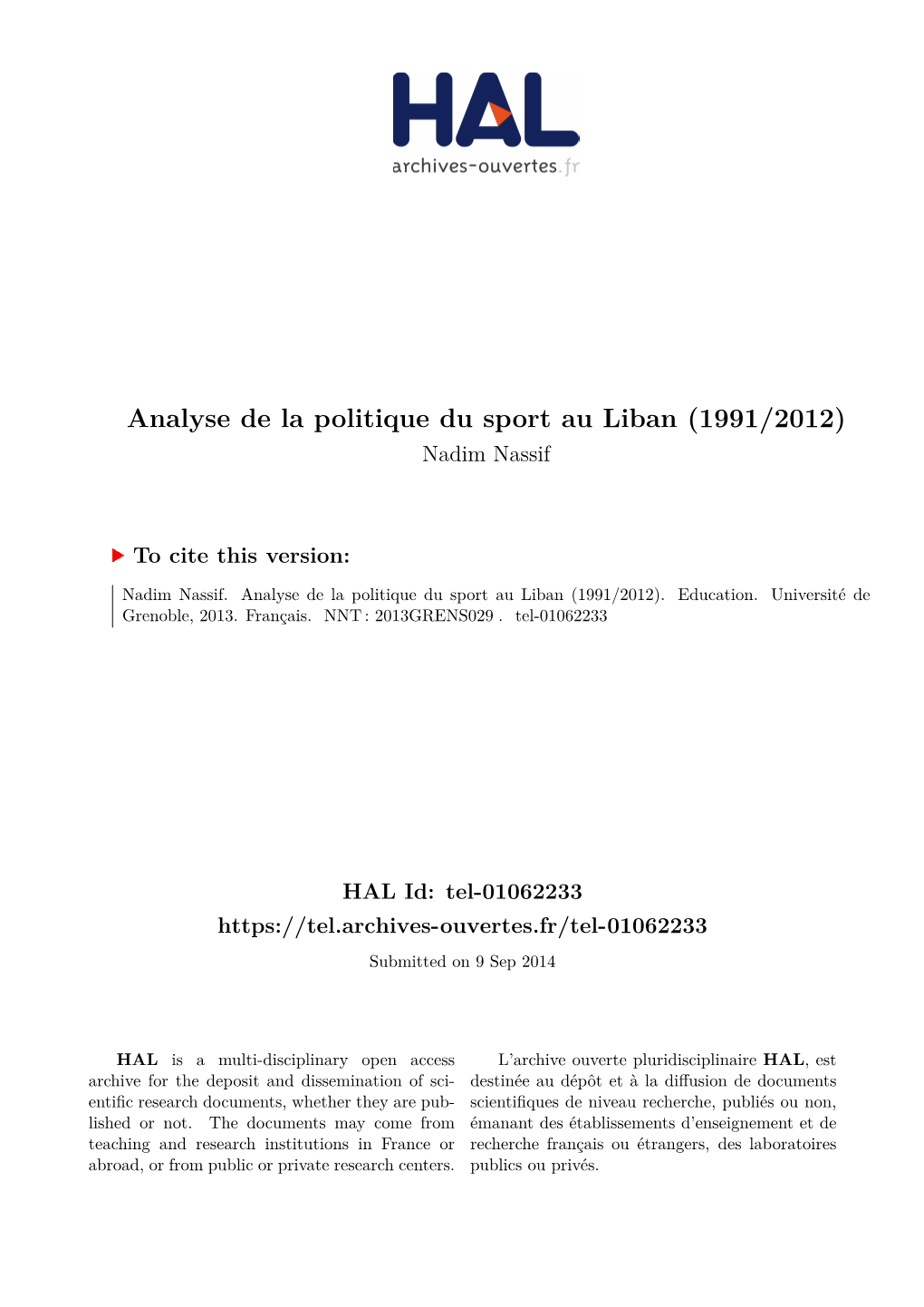 Analyse De La Politique Du Sport Au Liban (1991/2012) Nadim Nassif