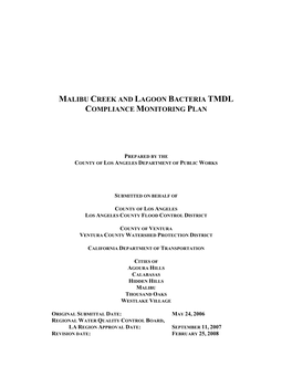 Malibu Creek and Lagoon Bacteria Tmdl Compliance Monitoring Plan