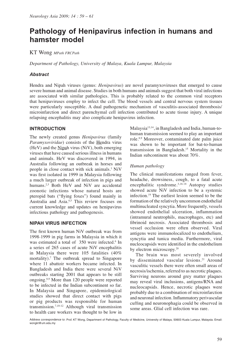 Pathology of Henipavirus Infection in Humans and Hamster Model