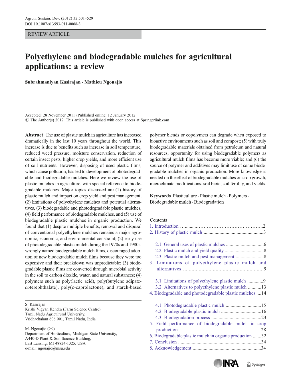 Polyethylene and Biodegradable Mulches for Agricultural Applications: a Review