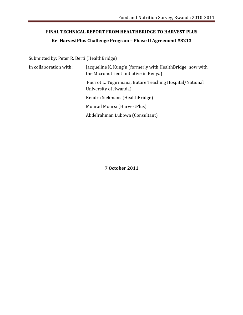 Food and Nutrition Survey, Rwanda 2010‐2011