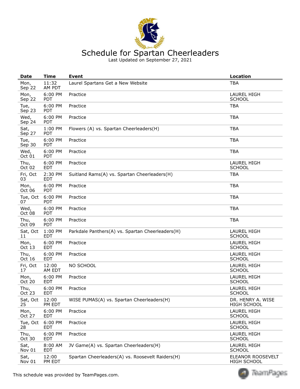 Schedule for Spartan Cheerleaders Last Updated on September 27, 2021