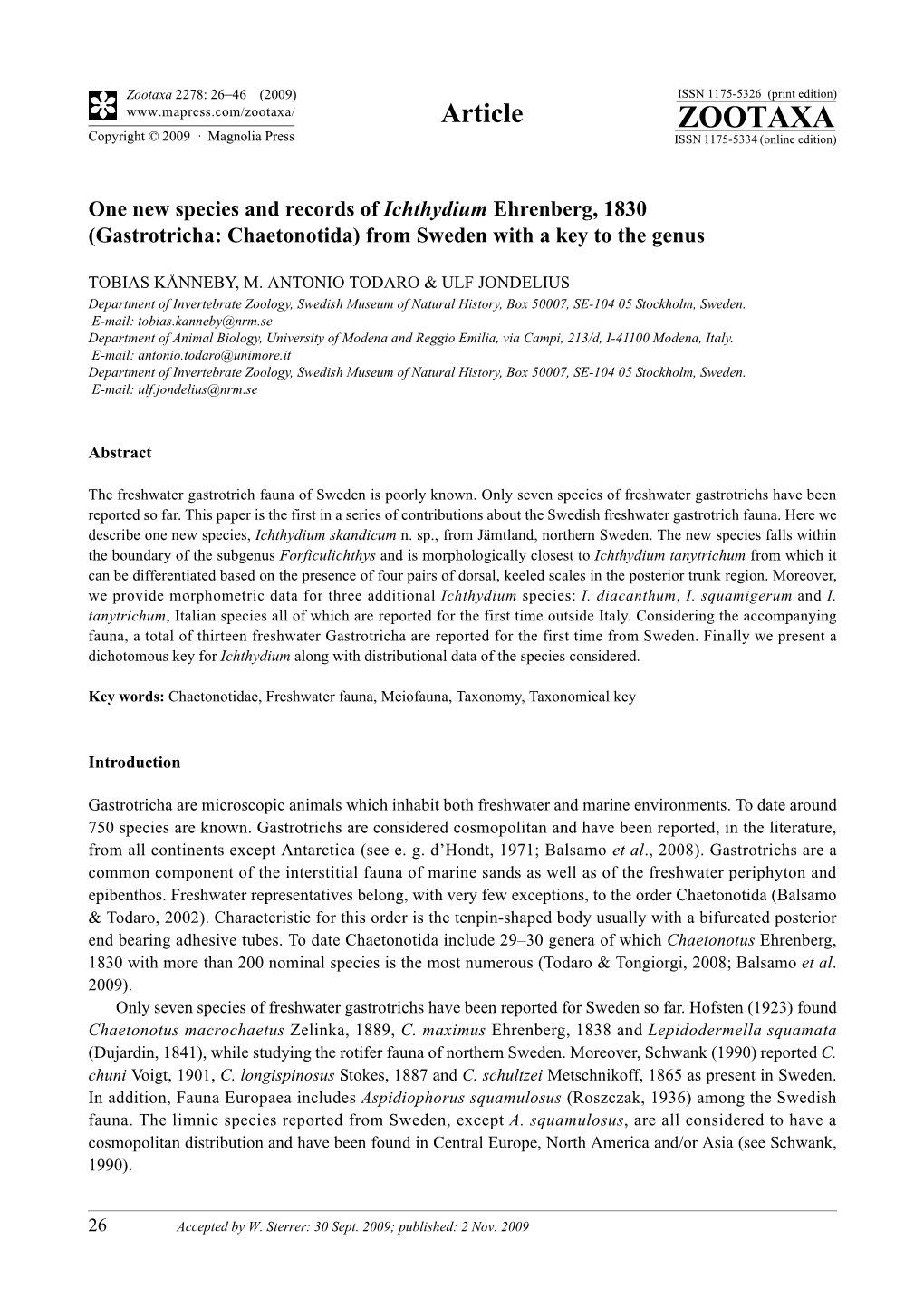 Zootaxa 2278: 26–46 (2009) ISSN 1175-5326 (Print Edition) Article ZOOTAXA Copyright © 2009 · Magnolia Press ISSN 1175-5334 (Online Edition)