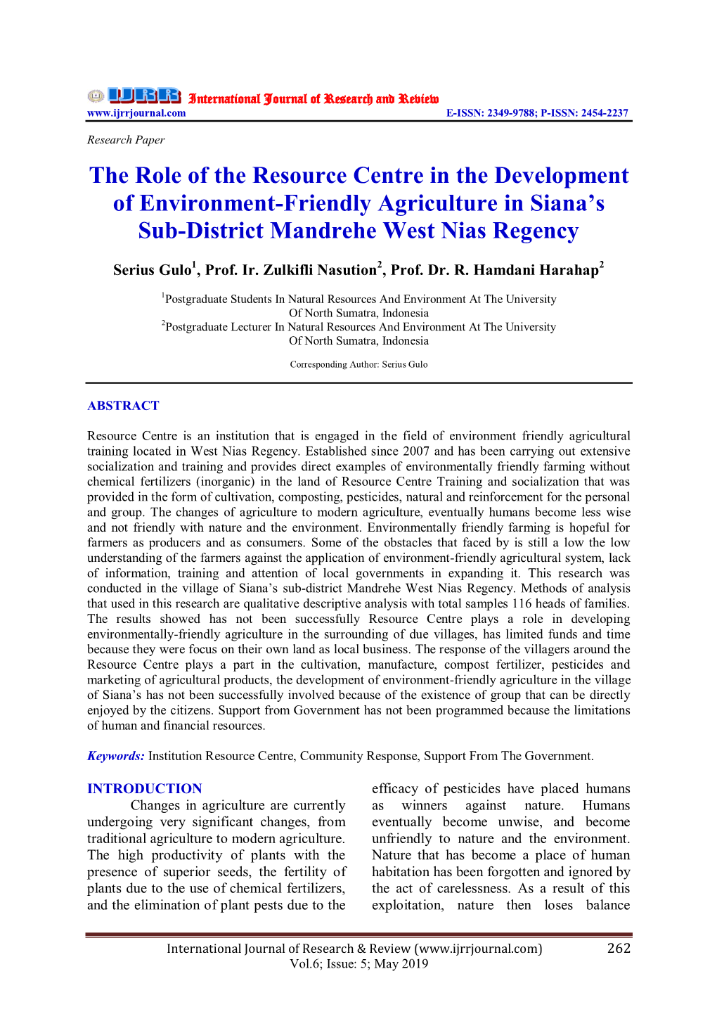 The Role of the Resource Centre in the Development of Environment-Friendly Agriculture in Siana’S Sub-District Mandrehe West Nias Regency