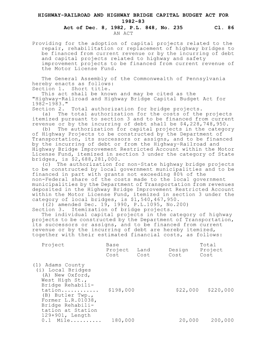 HIGHWAY-RAILROAD and HIGHWAY BRIDGE CAPITAL BUDGET ACT for 1982-83 Act of Dec