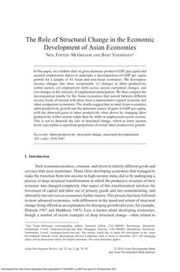 The Role of Structural Change in the Economic Development of Asian Economies ∗ NEIL FOSTER–MCGREGOR and BART VERSPAGEN