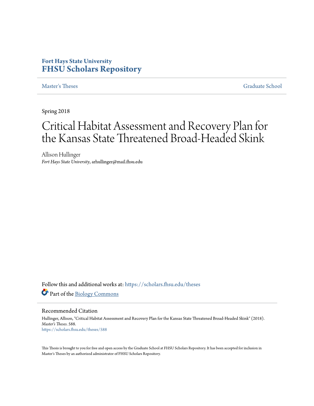 Critical Habitat Assessment and Recovery Plan for the Kansas State