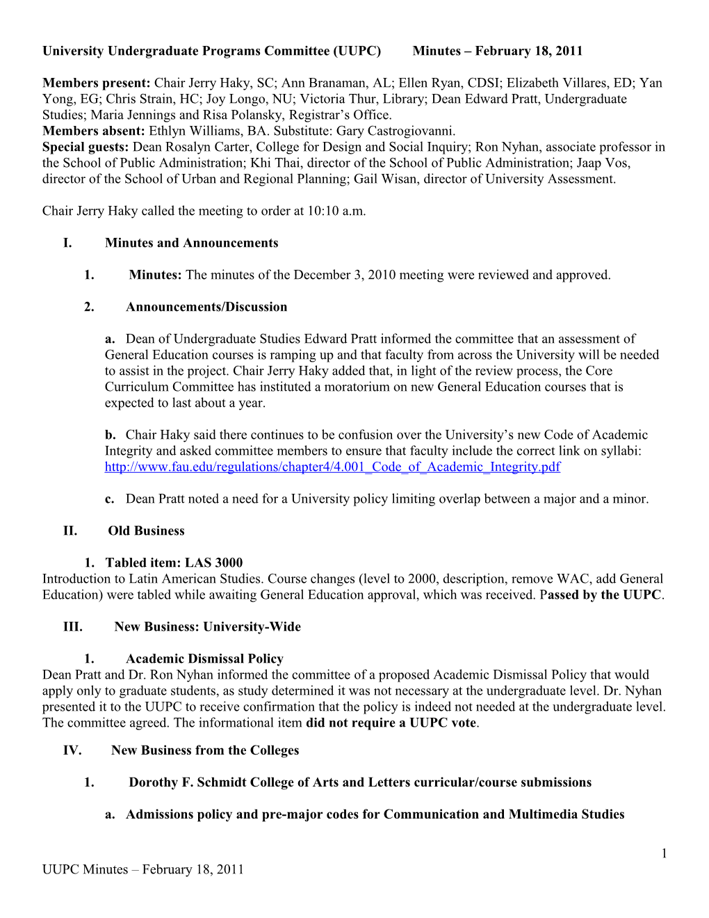 University Undergraduate Programs Committee (UUPC) Minutes February 18, 2011