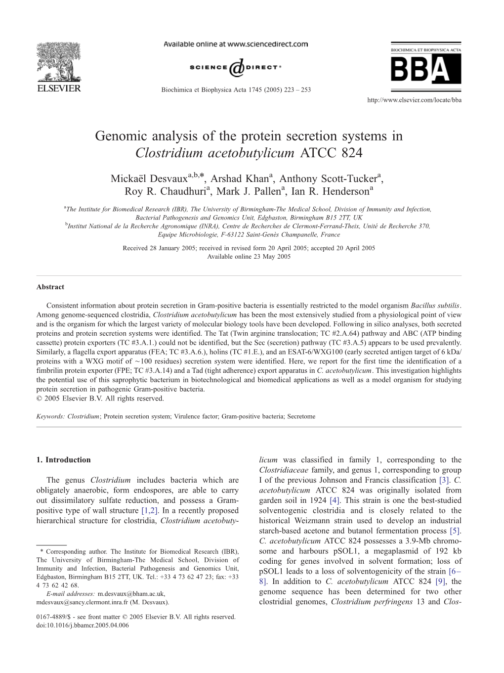 Genomic Analysis of the Protein Secretion Systems in Clostridium Acetobutylicum ATCC 824