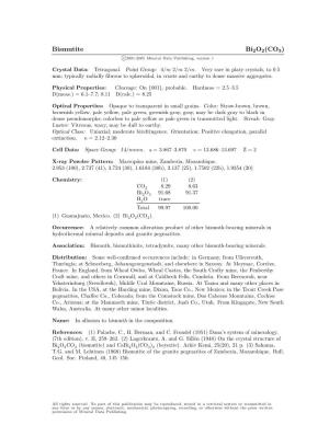 Bismutite Bi2o2(CO3) C 2001-2005 Mineral Data Publishing, Version 1