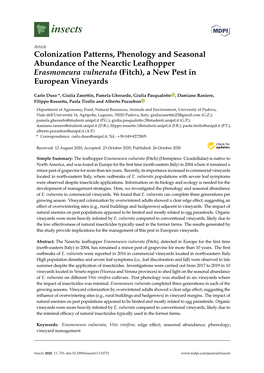 Colonization Patterns, Phenology and Seasonal Abundance of the Nearctic Leafhopper Erasmoneura Vulnerata (Fitch), a New Pest in European Vineyards