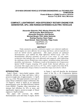 Compact, Lightweight, High Efficiency Rotary Engine for Generator, Apu, and Range-Extended Electric Vehicles
