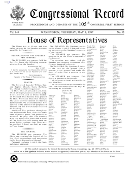 Congressional Record United States Th of America PROCEEDINGS and DEBATES of the 105 CONGRESS, FIRST SESSION