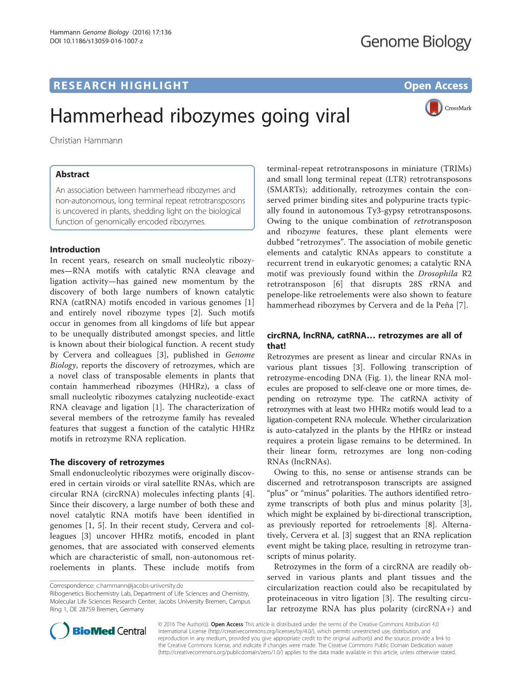Hammerhead Ribozymes Going Viral Christian Hammann