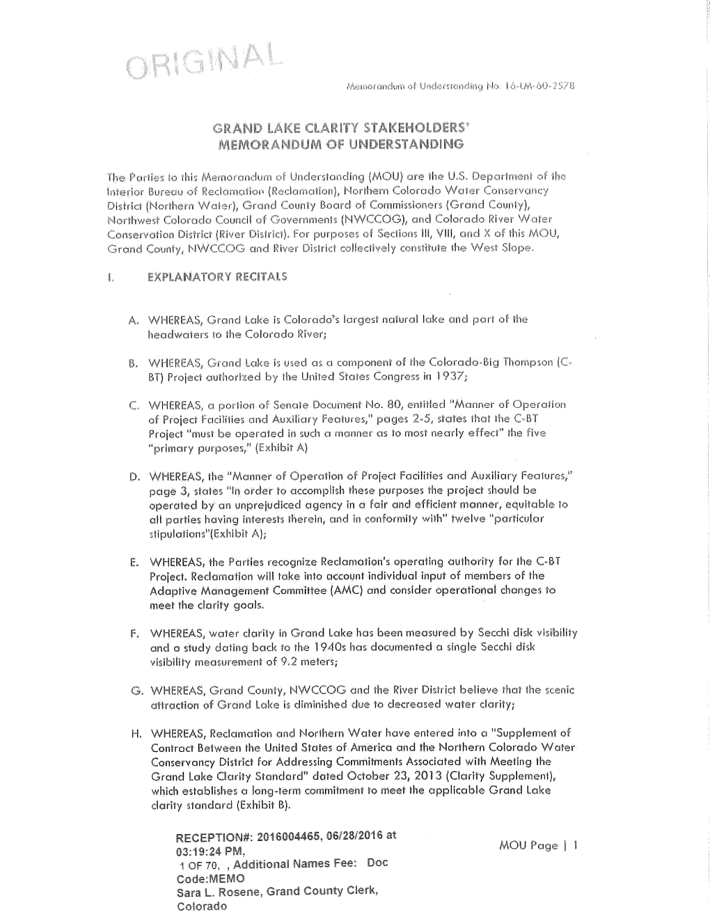 Grand Lake Clarity Stakeholders Memorandum Of