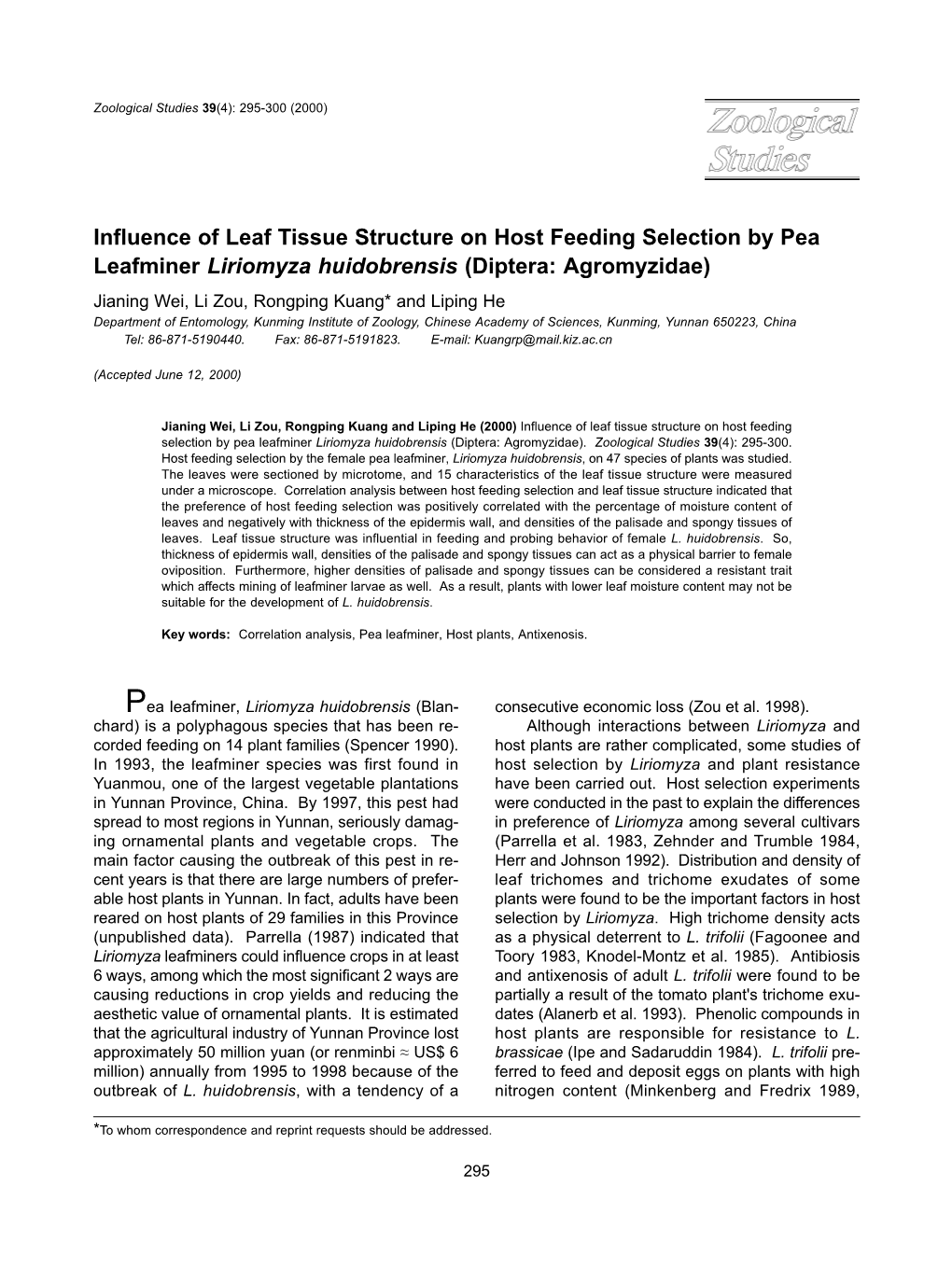 Influence of Leaf Tissue Structure on Host Feeding Selection by Pea Leafminer Liriomyza Huidobrensis