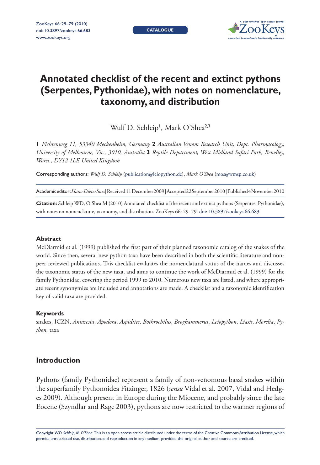 Annotated Checklist of the Recent and Extinct Pythons (Serpentes, Pythonidae), with Notes on Nomenclature, Taxonomy, and Distribution