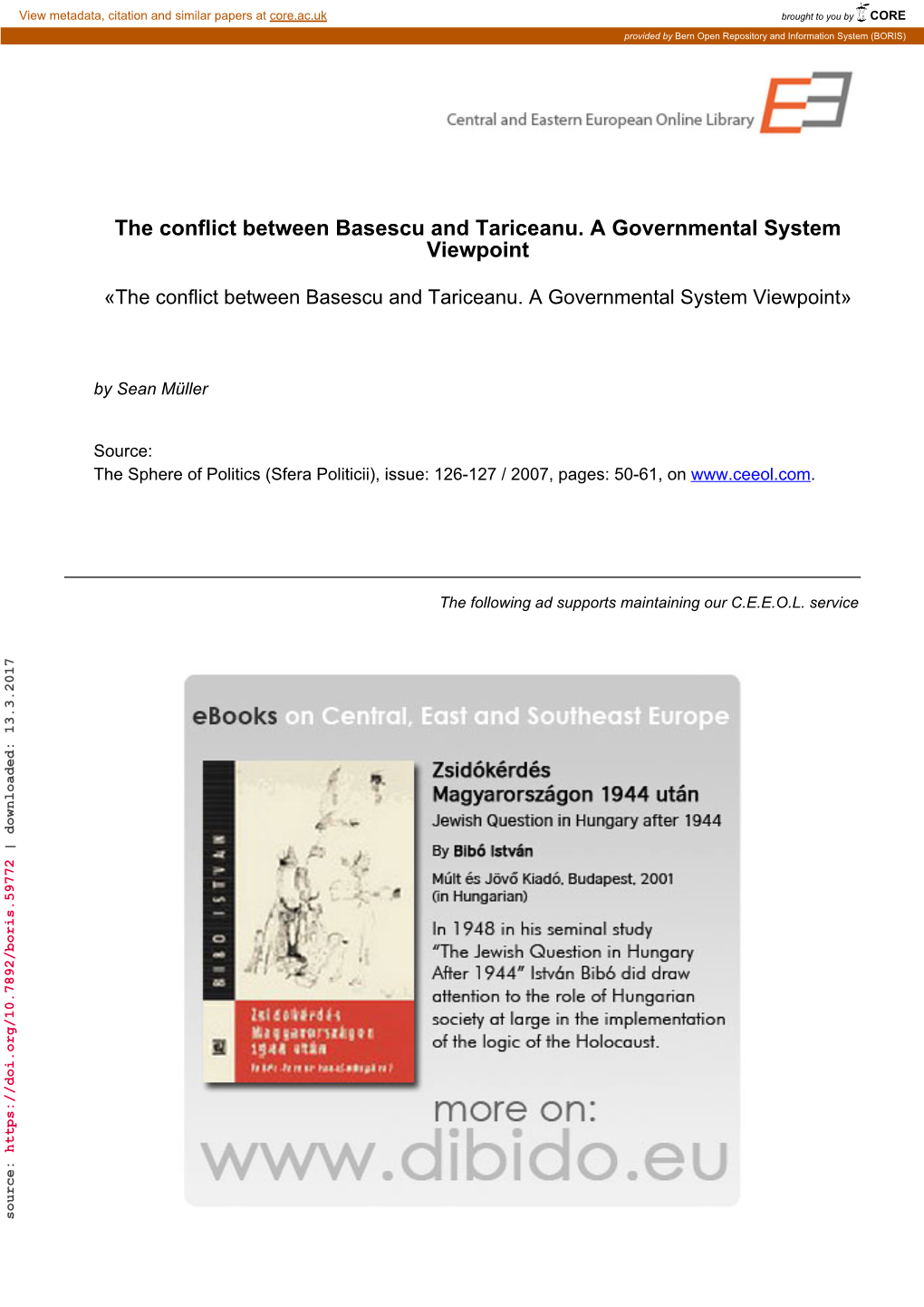 The Conflict Between Basescu and Tariceanu. a Governmental System Viewpoint